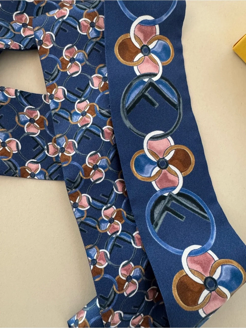 Fendi Wrappy New never worn Brown, Blue and pink Silk Twilly Scarf includes box